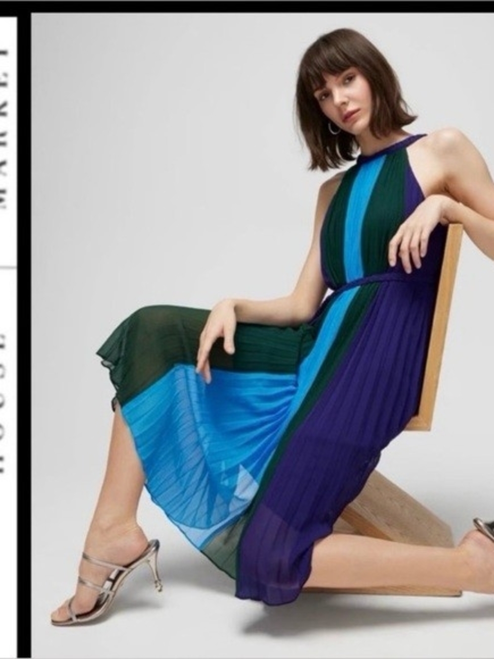 Pleated Colorblock Halter Midi Dress in Blue & Green
